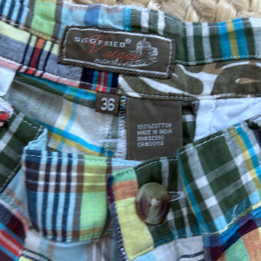 SIEGFRIED VINTAGE Patchwork Plaid Madras Flat Front Shorts 36 RARE Hawaiian - Picture 3 of 7
